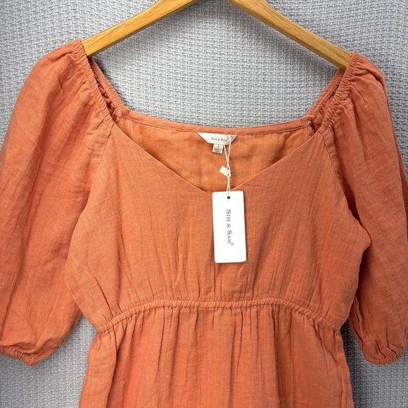 NWT Sim & Sam Orange 100% Cotton Mini Dress Sz L Peasant Boho Puff Short Sleeved - Picture 2 of 8